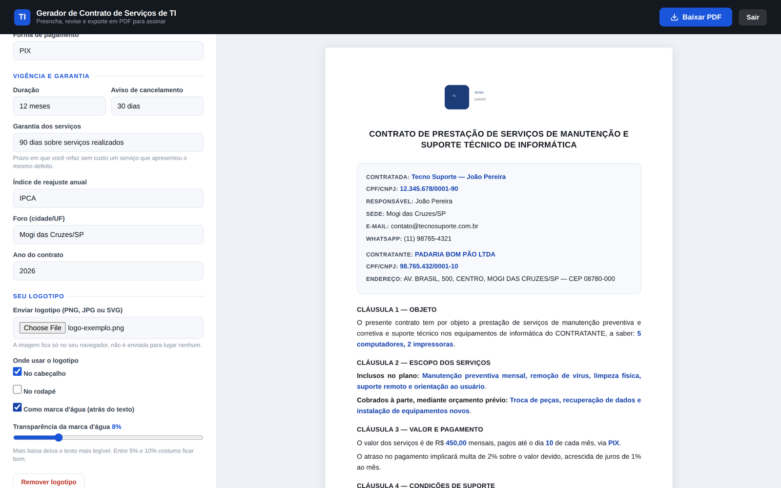 Gerador de Contratos Contrato Express em uso, mostrando o formulário e o contrato montado ao lado